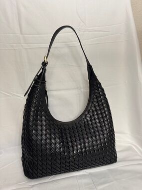 Black Woven Leather Shoulder Bag with Single Strap